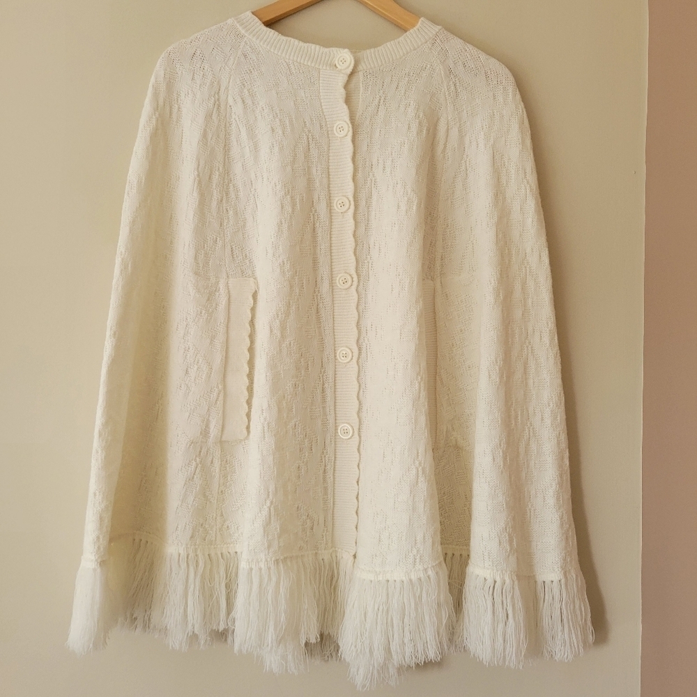 Vintage Cream White Knit Poncho Shawl Button Front Sweater with Fringe